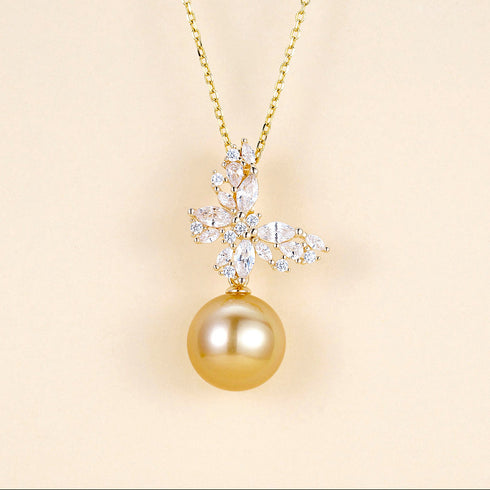 Butterfly Golden Pearl Pendant Necklace